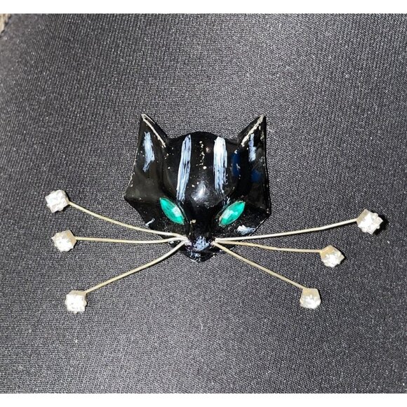 RARE Vintage Unsigned CORO CAT Head Fur Clip Rhinestone Eyes Black Cat - Picture 1 of 16